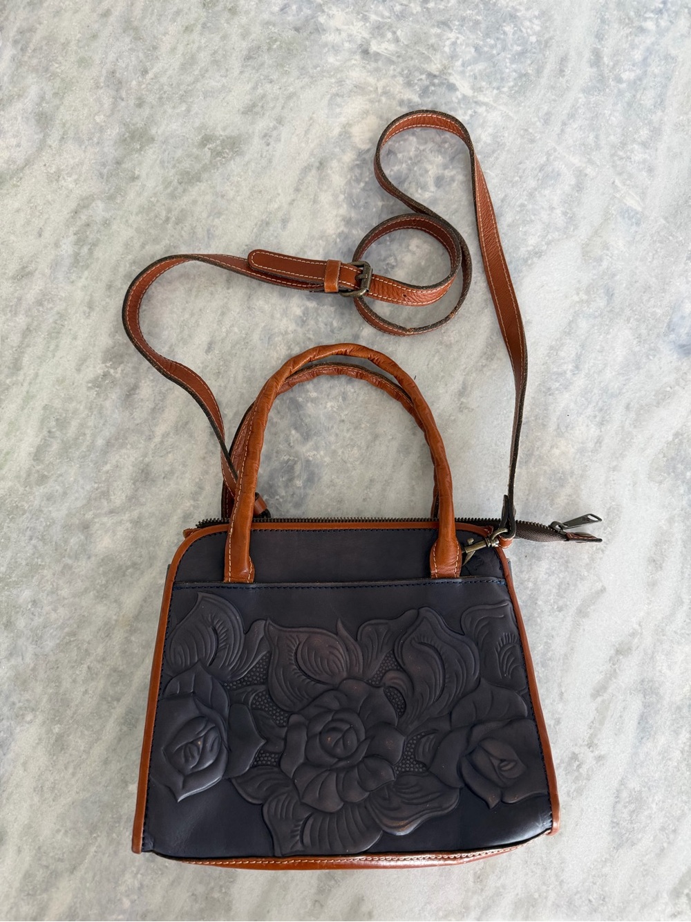 Patricia Nash Navy and Brown Floral Embossed Leather Crossbody Satchel Bag